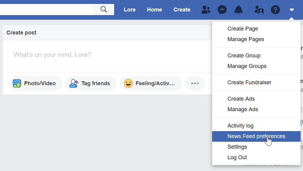 Facebook Account settings menu