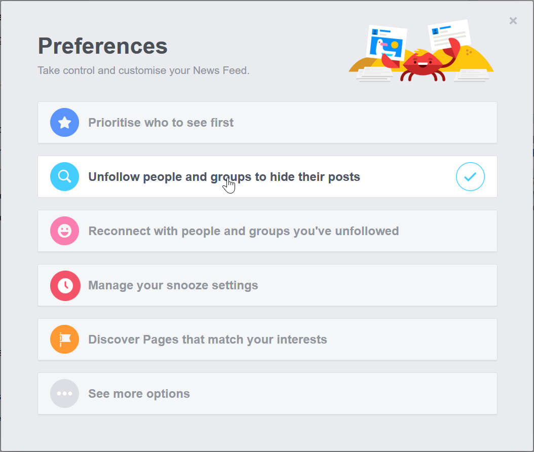 Facebook News feed preferences